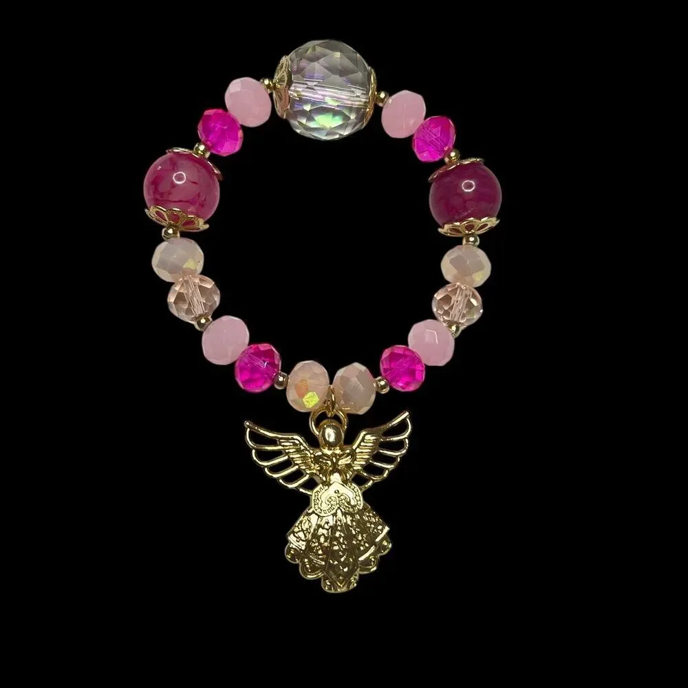 Natural Stone Beaded Bracelet Angel Charm‎ Stretch Pink Crystal Jewelry Women